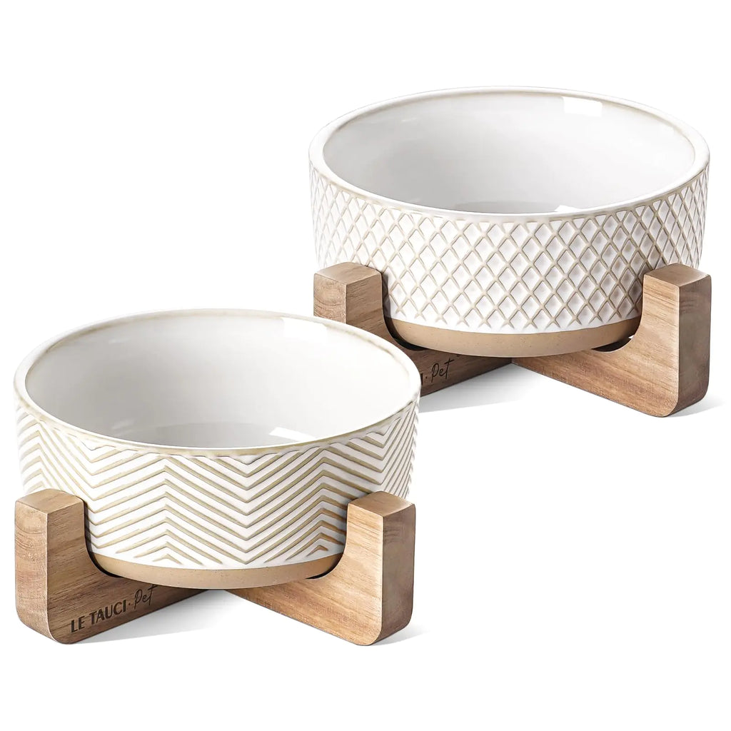 LE TAUCI Ceramic Dog Bowls 2.5 Cups Food and Water Bowl for Small Medium Sized Dogs Dog Feeding Bowls with Wood Stand Cute Pet Bowls Dog Dishes Set of 2 Rhombus+Wave
