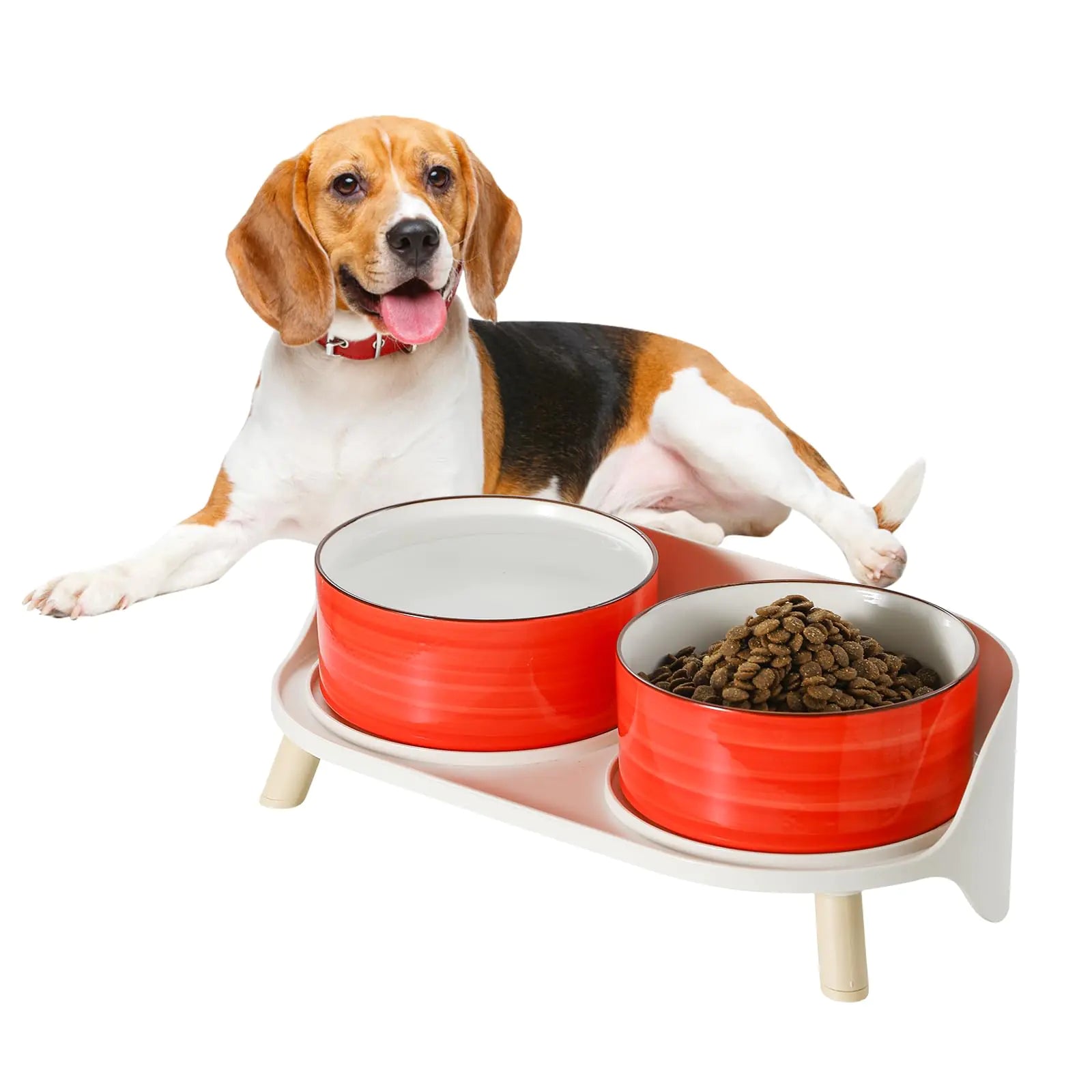 Ceramic Dog Bowls with Stand - Elevated Dog Bowl Set Splash Proof - Dog Food and Water Bowl Set - Whorls Serie Double Dog Feeding Bowls - Suitable for Small and Medium Dogs - 2 Cups (23 fl oz) - Red